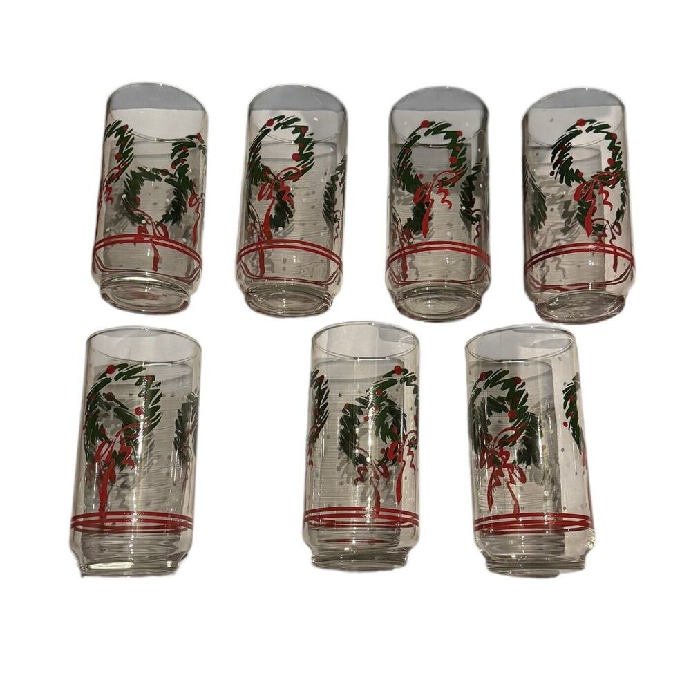 Christmas Holiday Wreath Highball Glasses Water Mixed Drinks Dinner Party‎ VTG